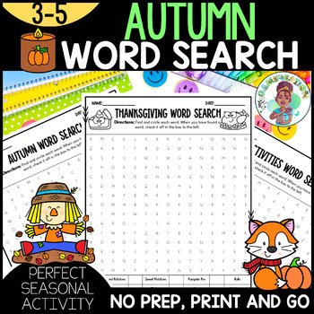 3rd 4th 5th Grade Autumn Fall Word Search Fun Activity Plus Writing Prompts ELA