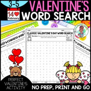 3rd 4th 5th Valentine's Day Word Searches, Writing Prompts, Discussion Questions