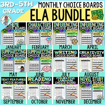3rd 4th 5th Grade Monthly Reading Choice Board Menu ELA Mega Bundle Extension