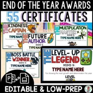 3rd-5th Editable End of the Year Fun Awards Certificates Gamified Superlative