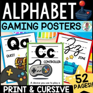 A-Z Vocabulary Alphabet Gaming Gamer Posters Classroom Decor Cursive Print