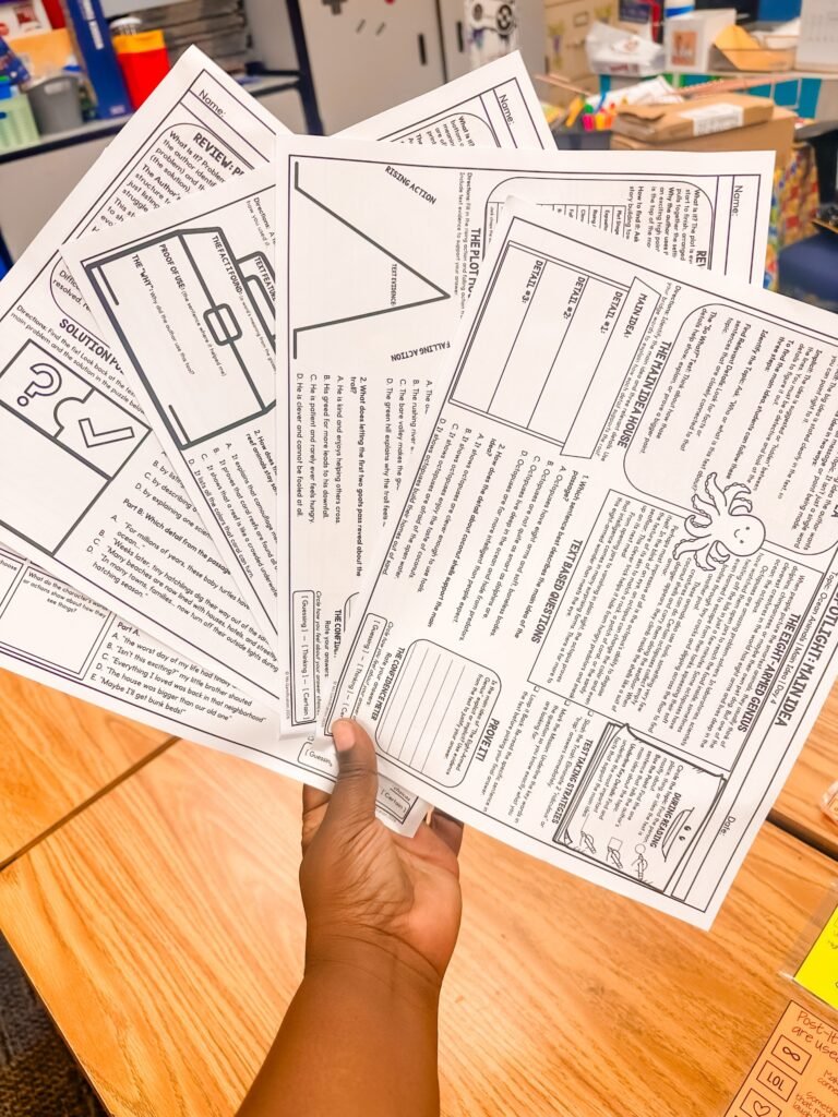 Morning Mats reading pages held up in a classroom